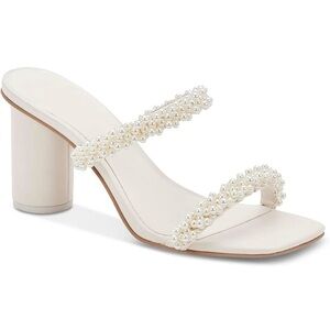 Chunky Heeled Sandals Pearl Strappy Open Square Toe Slip-on Block Heels